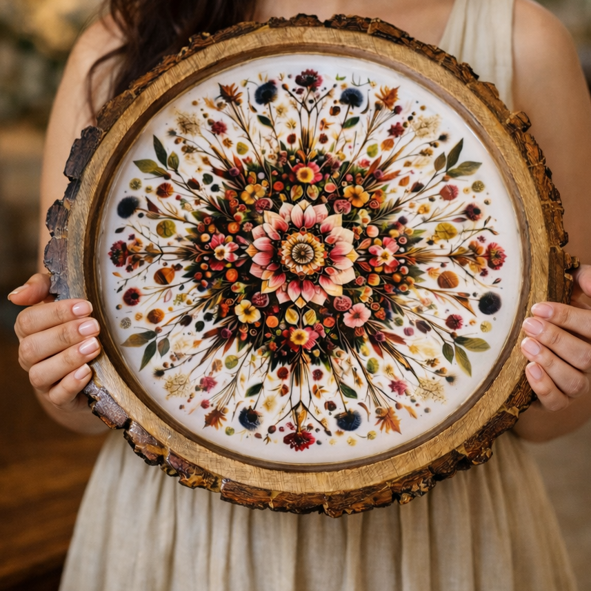 Floral mandala art piece in a warm indoor setting