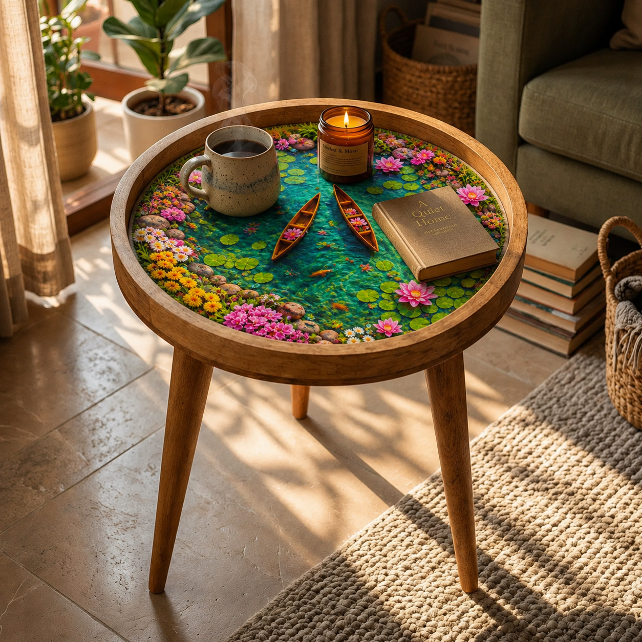 Lotus Pond  Design Wooden Side Table