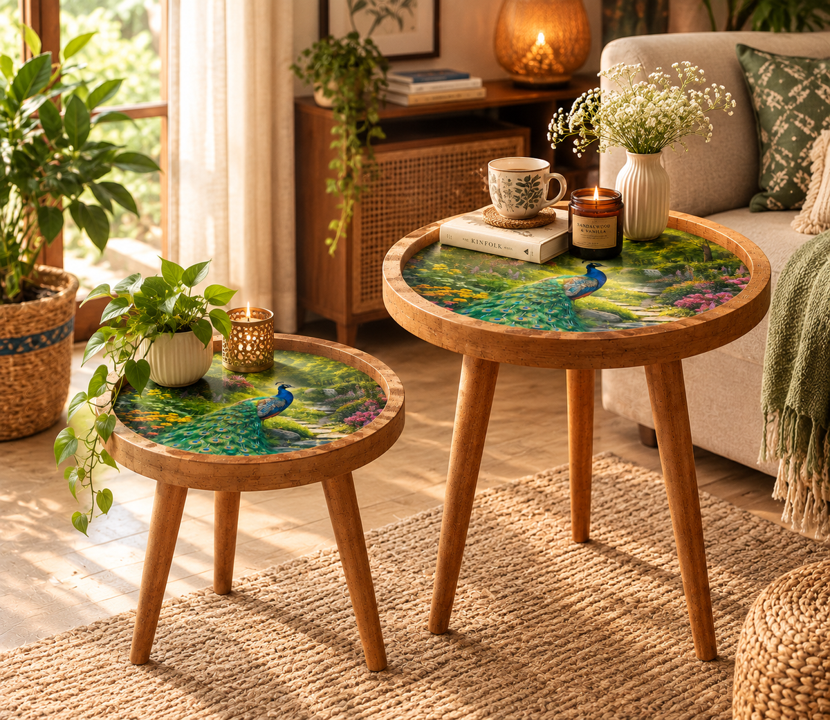 Peacock Design Wooden Side Table