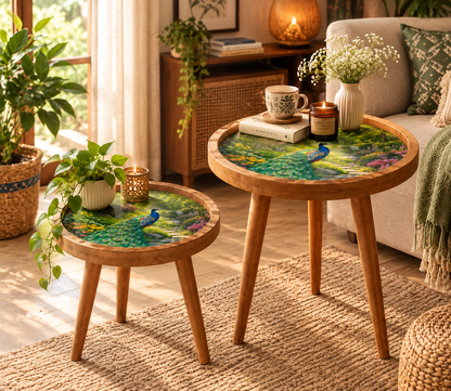 Peacock Design Wooden Side Table