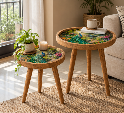 Peacock Design Wooden Side Table