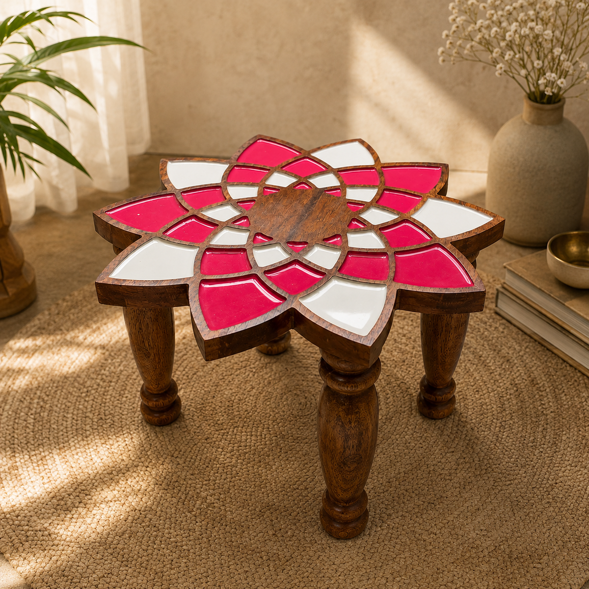 Handcrafted Lotus Wooden Pooja Chowki