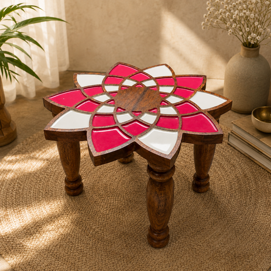 Handcrafted Lotus Wooden Pooja Chowki