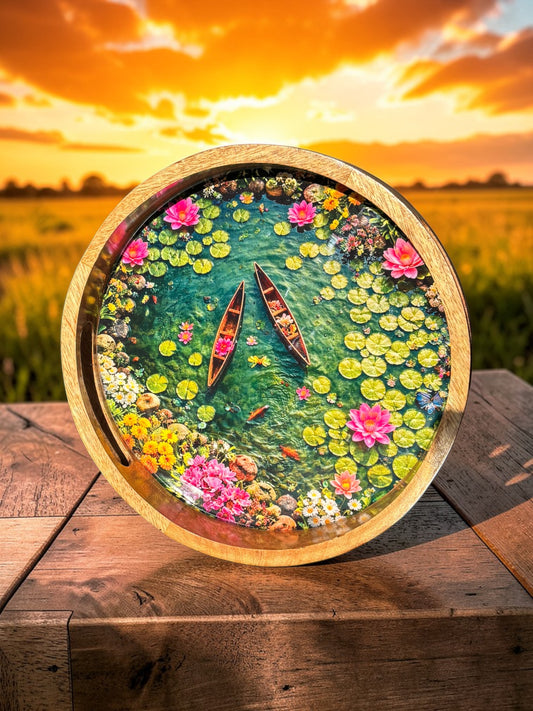 Handcrafted Lotus Pond Design Mango Wood Round Serving Tray with Handle – 12 Inch