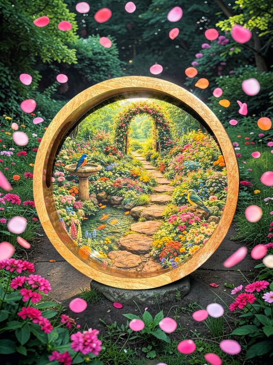 Handcrafted Nature Bird Design Mango Wood Round Serving Tray with Handle – 12 Inch