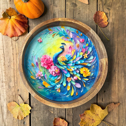 Rainbow Peacock Design Wooden Side Table