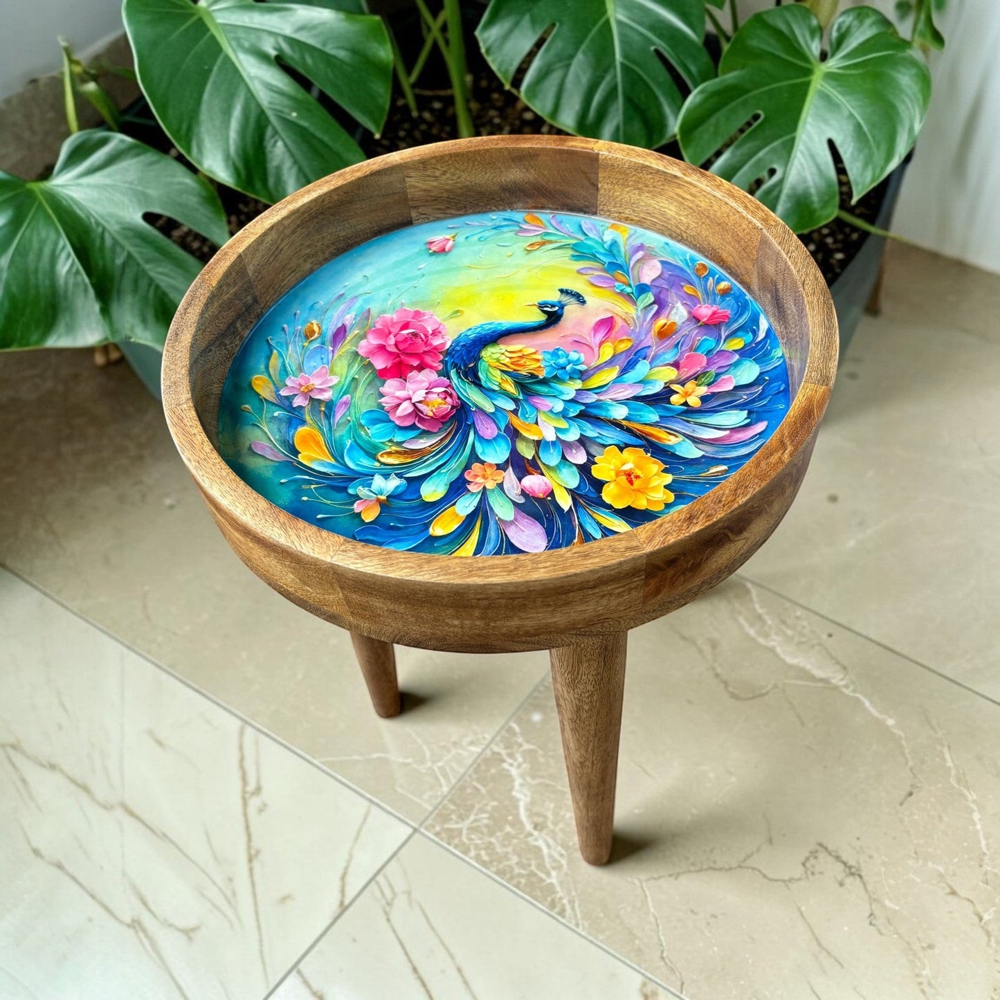 Rainbow Peacock Design Wooden Side Table