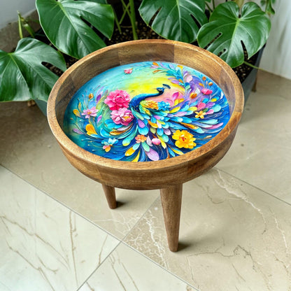 Rainbow Peacock Design Wooden Side Table