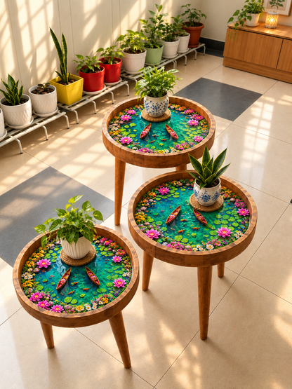 Lotus Pond  Design Wooden Side Table