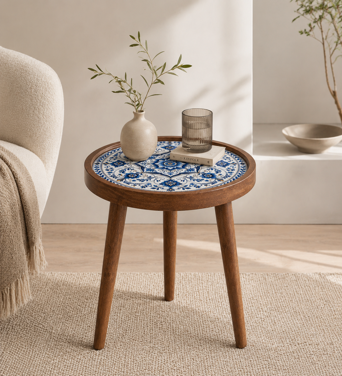 Blue Motif Design Wooden Side Table