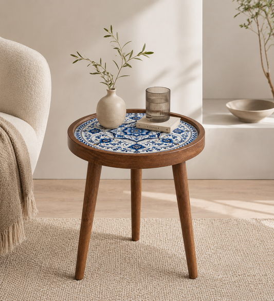 Blue Motif Design Wooden Side Table