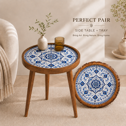 Blue Motif Design Wooden Side Table
