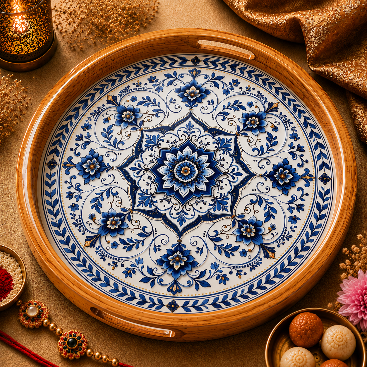 Blue Motif Design Wooden Side Table