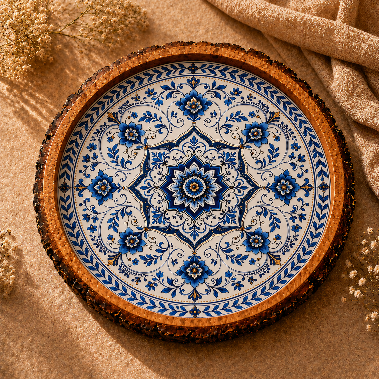 Blue Motif Design Wooden Side Table