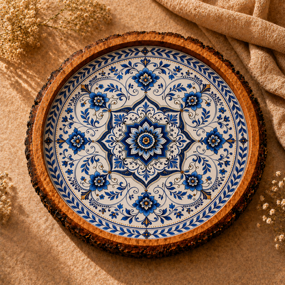 Blue Motif Design Wooden Side Table
