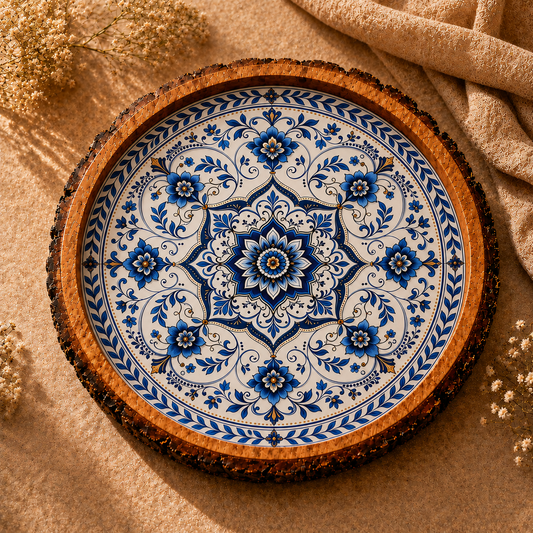 Blue Golden Motif Natural Bark Edge Trays