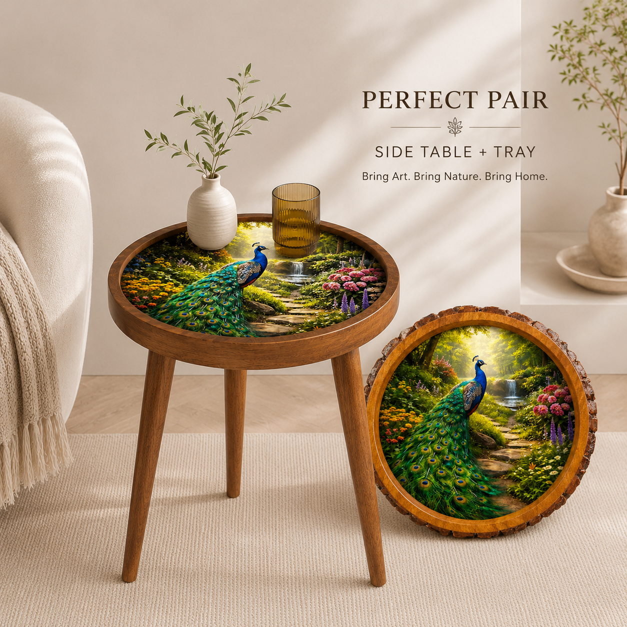 Peacock Design Wooden Side Table