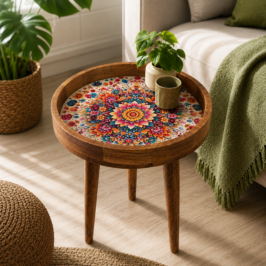Floral Meena art mango wood round side table in vibrant colours