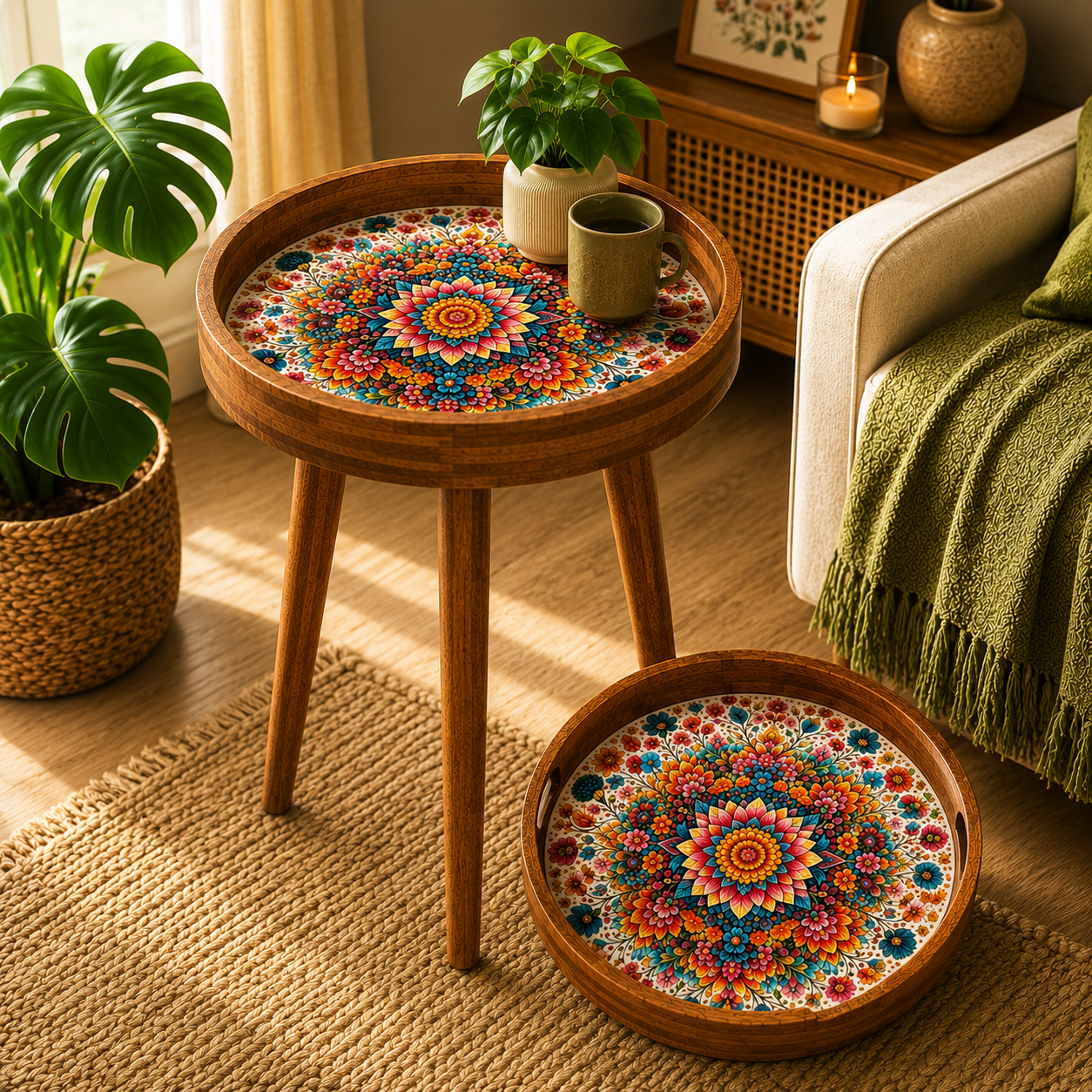Floral Meena art mango wood round side table in vibrant colours