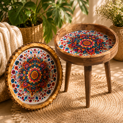 Floral Meena art mango wood round side table in vibrant colours