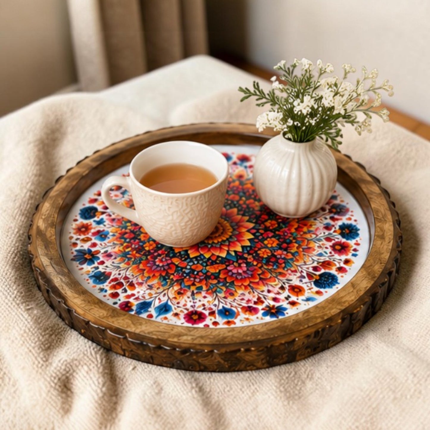 Floral Design Wooden Side Table