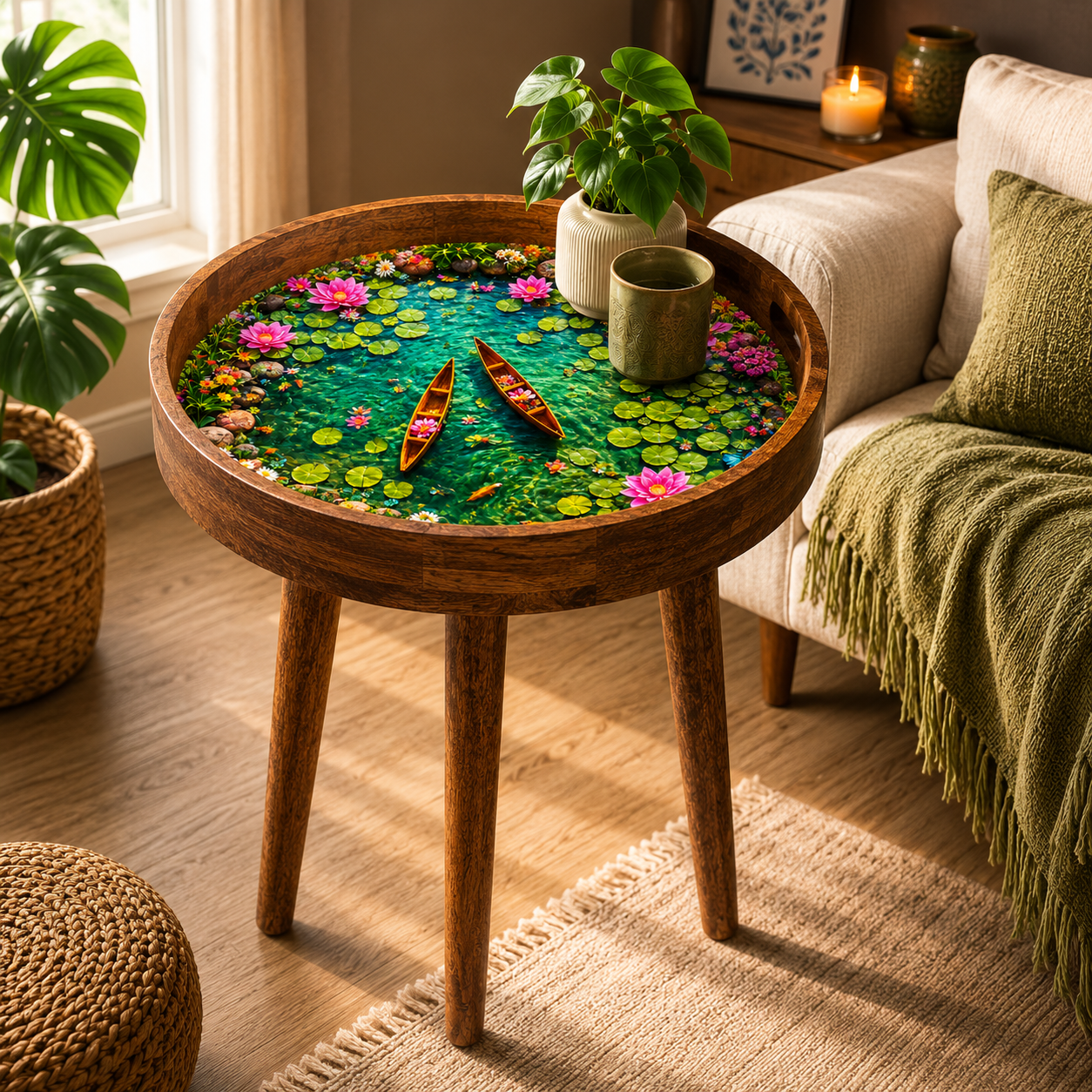 Lotus Pond Meena art mango wood round side table in blue, green and gold