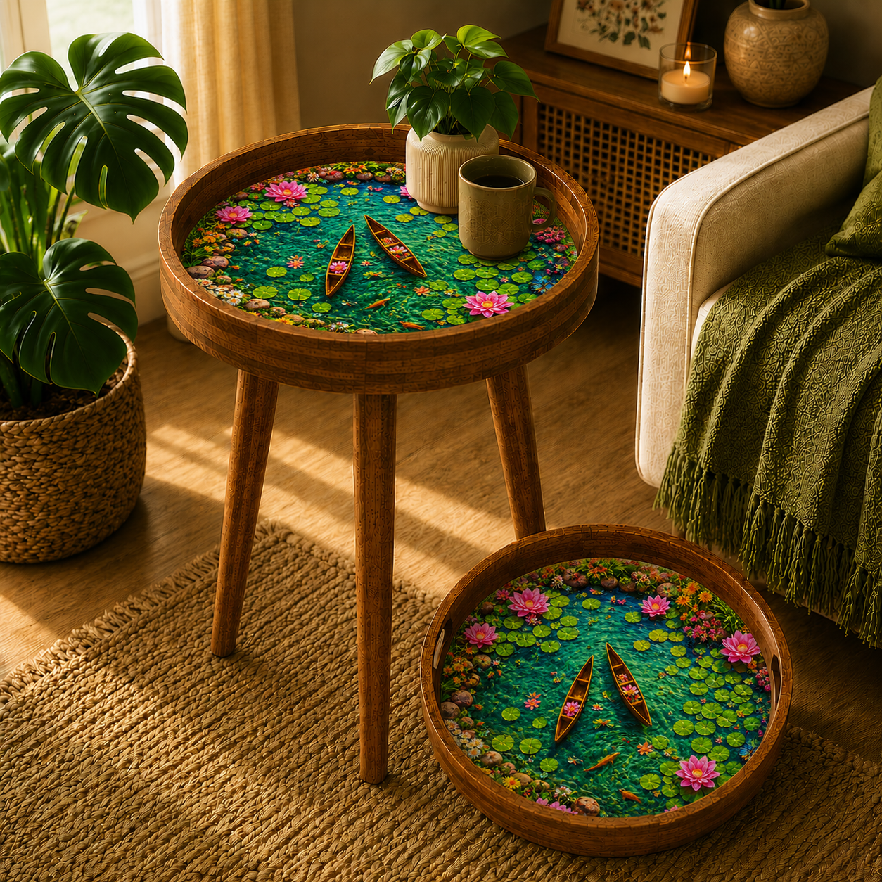 Close-up of Lotus Pond Meena art print on a mango wood tabletop