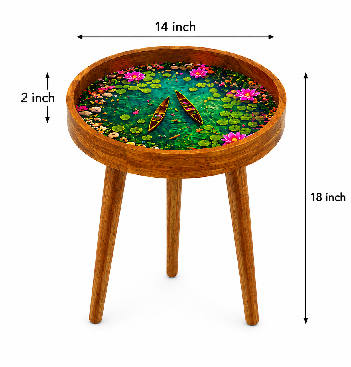 Close-up of Lotus Pond Meena art print on a mango wood tabletop