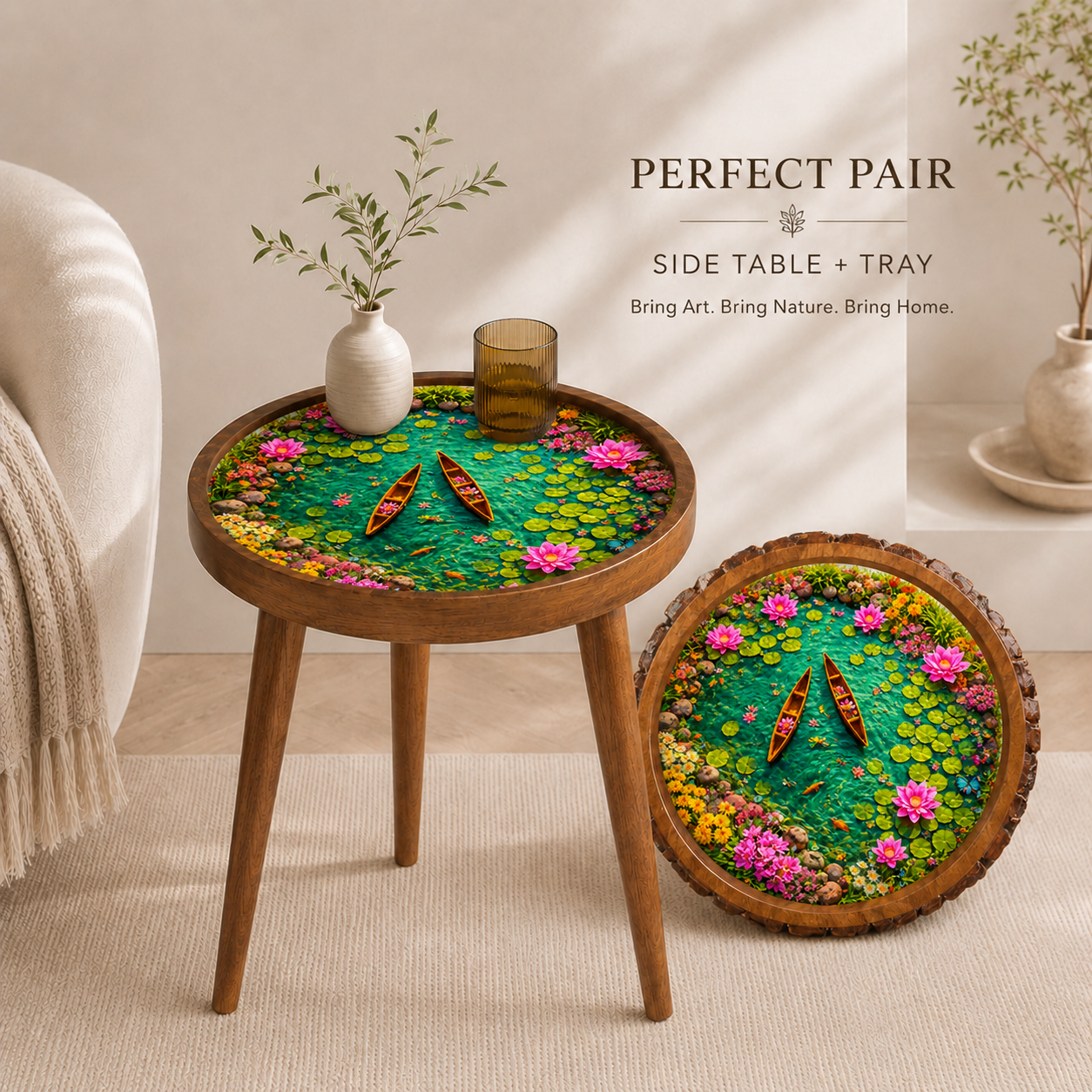 Lotus Pond  Design Wooden Side Table