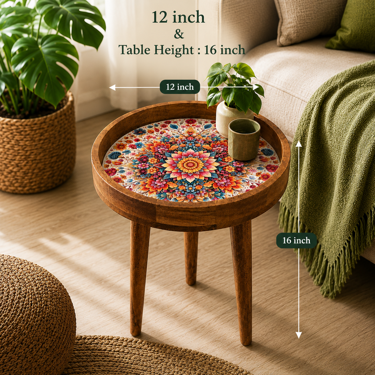 Floral wooden peg table styled as a bedside table