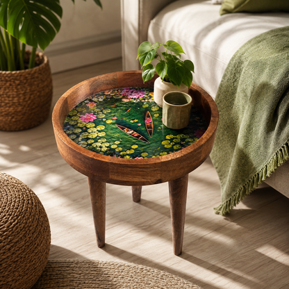 Lotus Pond wooden peg table styled as a bedside table