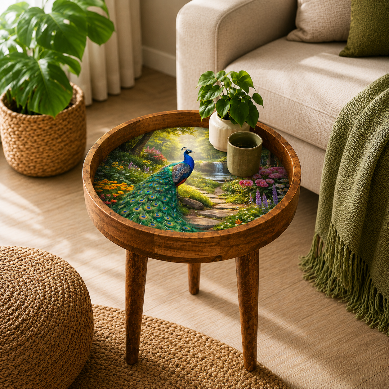 Peacock Meena art mango wood round side table in blue, green and gold