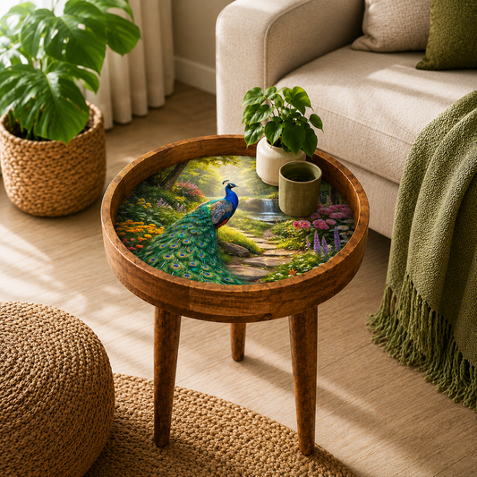 Peacock Meena art mango wood round side table in blue, green and gold
