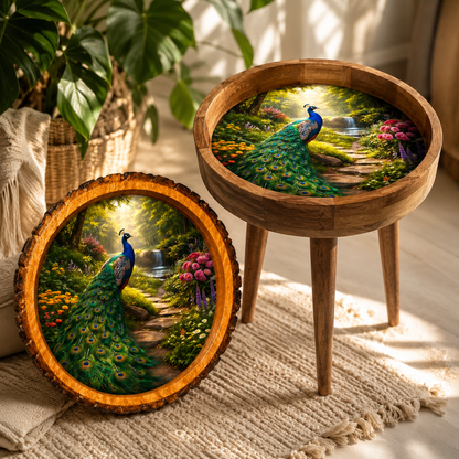 Peacock Meena art mango wood round side table in blue, green and gold
