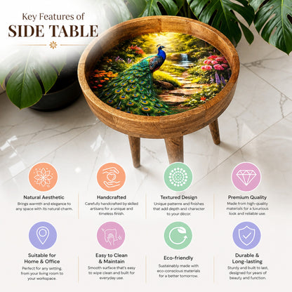 Peacock wooden peg table styled as a bedside table