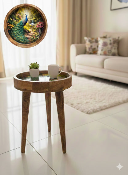 Peacock wooden peg table styled as a bedside table