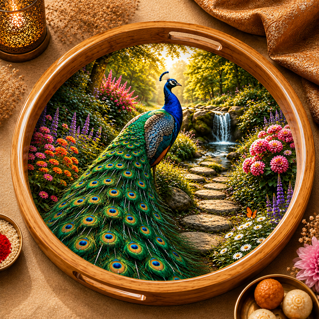 Peacock Design Wooden Side Table