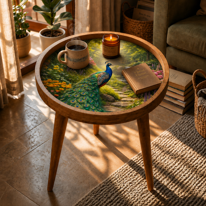 Peacock Design Wooden Side Table