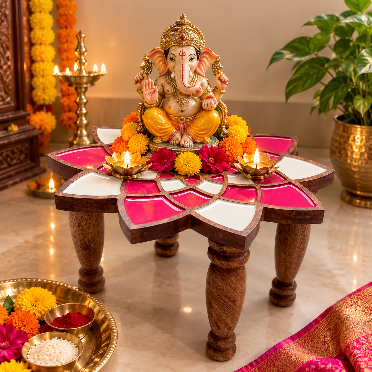 Handcrafted Lotus Wooden Pooja Chowki