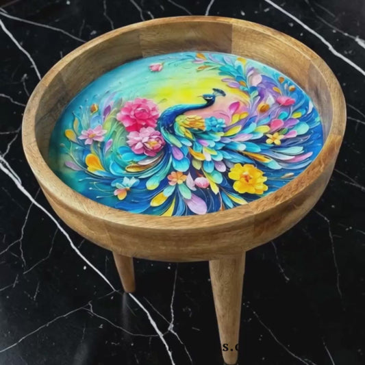 Rainbow Peacock Design Wooden Side Table