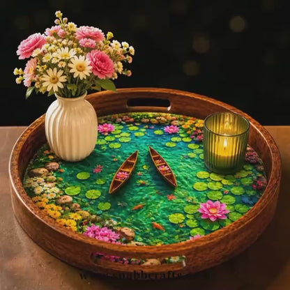 Lotus Pond Design Wooden Round Serving Tray with Handle
