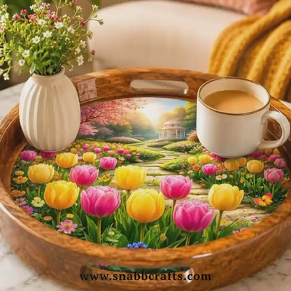 Tulip Garden Wooden Serving Tray with Handle