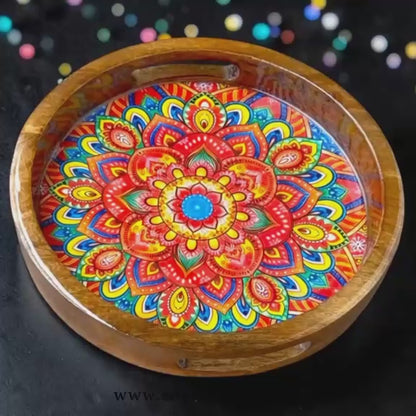 Mandala Art Wooden Serving Tray with Handle