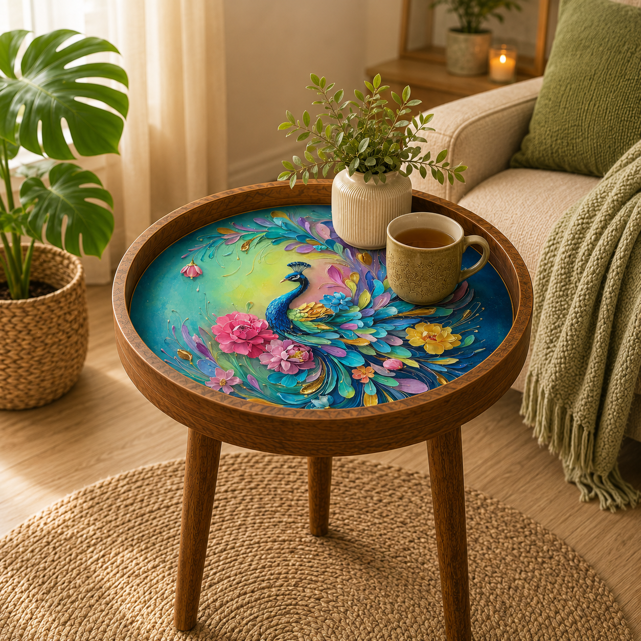Rainbow Peacock Meena art mango wood round side table, multicolour