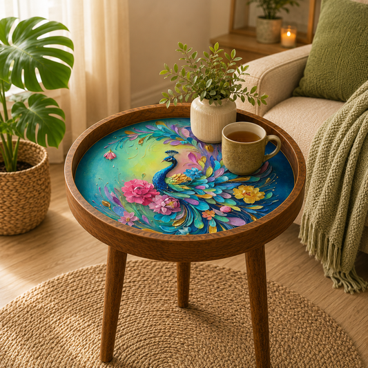 Rainbow Peacock Meena art mango wood round side table, multicolour