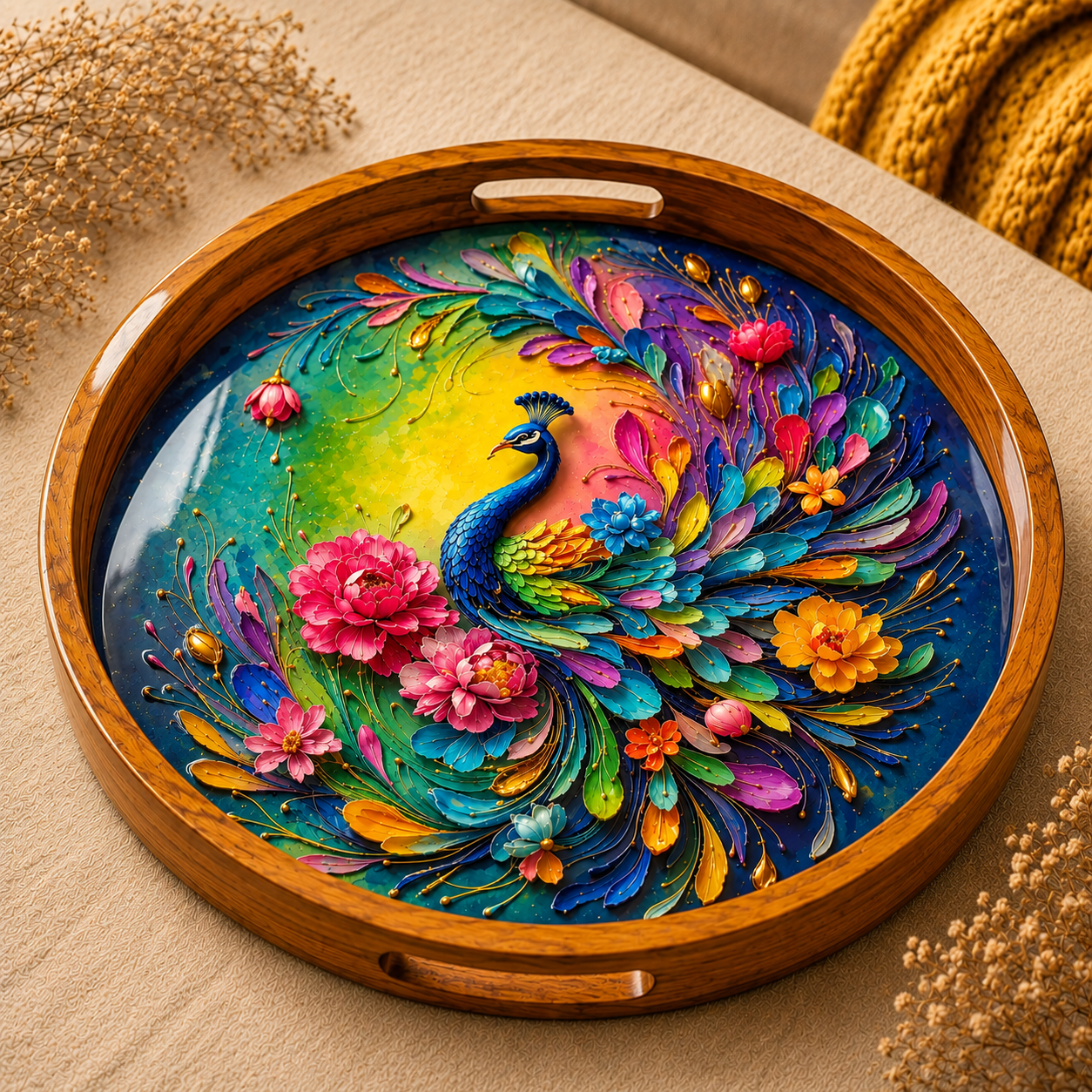 Rainbow Peacock Natural Bark Edge Trays