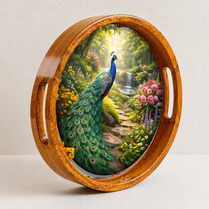 Peacock Garden Wooden Serving Tray with Handle