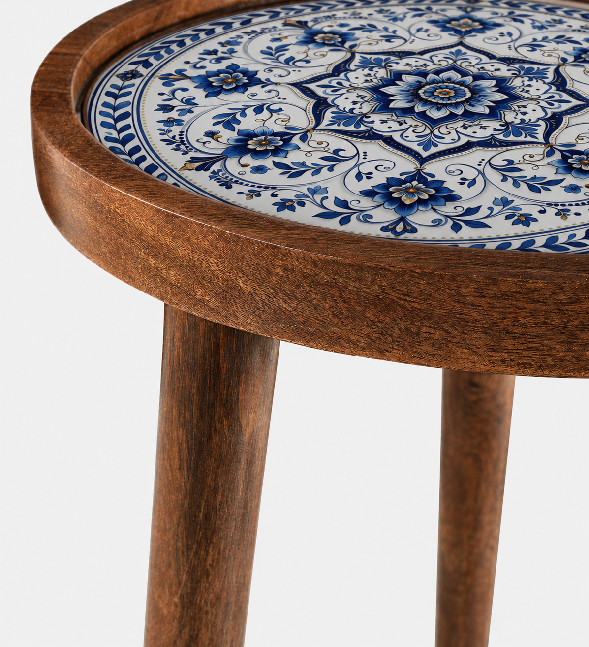 Blue Motif Design Wooden Side Table