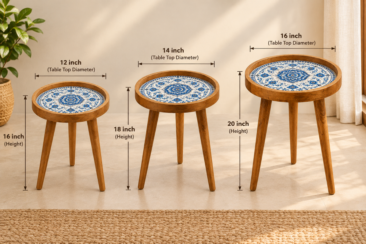 Blue Motif Design Wooden Side Table