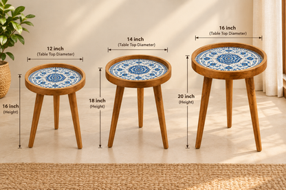 Blue Motif Design Wooden Side Table